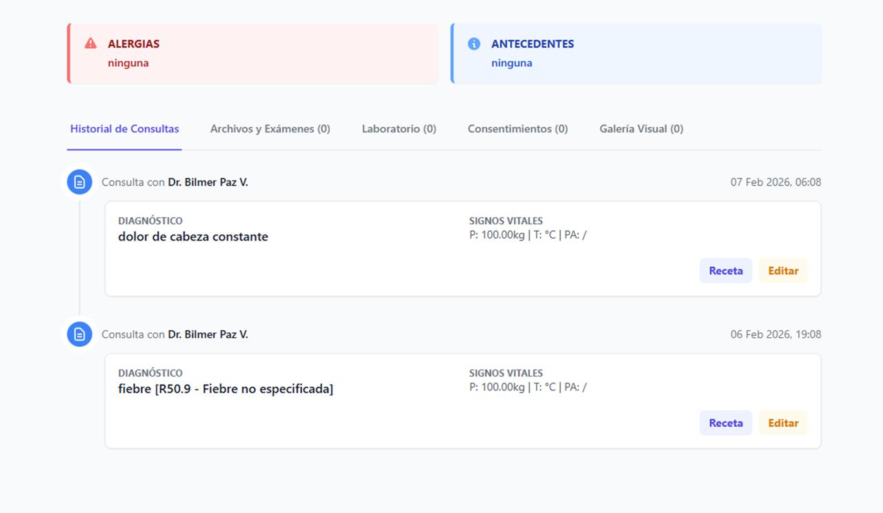 Historial clínico digital de paciente en Histora - línea de tiempo con consultas, recetas y exámenes